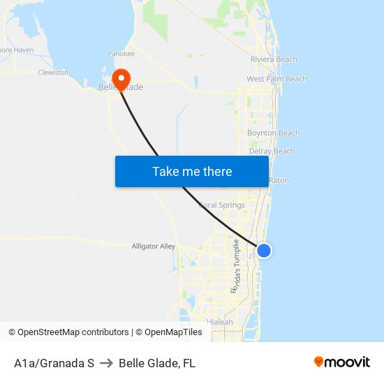 A1a/Granada S to Belle Glade, FL map