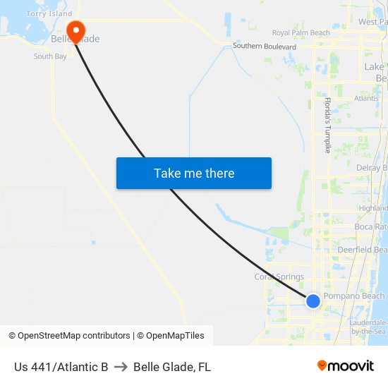 US 441/ATLANTIC B to Belle Glade, FL map