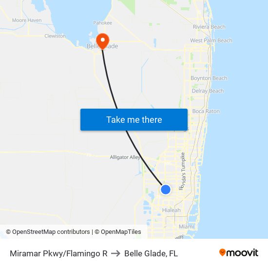 Miramar Pkwy/Flamingo R to Belle Glade, FL map