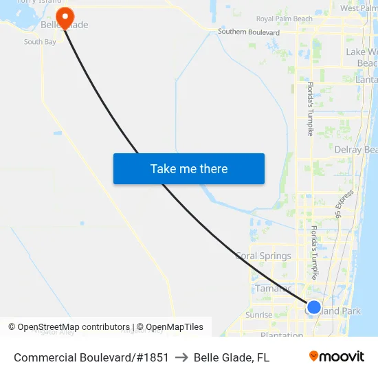 Commercial Boulevard/#1851 to Belle Glade, FL map