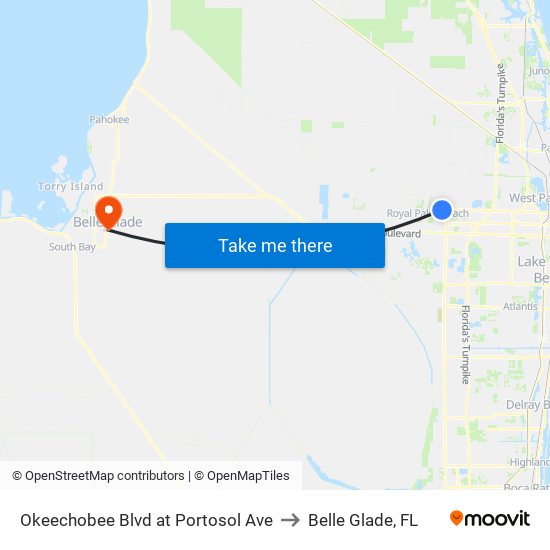 Okeechobee Blvd at Portosol Ave to Belle Glade, FL map