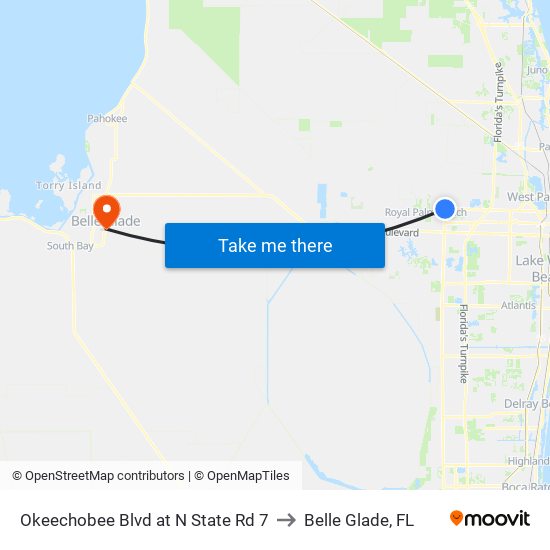 Okeechobee Blvd at N State Rd 7 to Belle Glade, FL map
