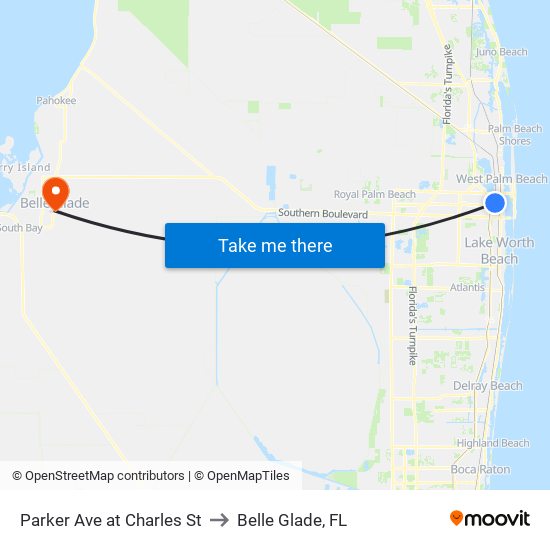 Parker Ave at Charles St to Belle Glade, FL map