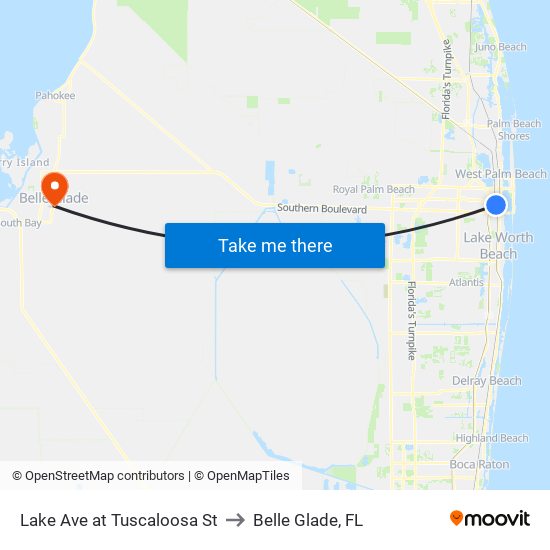 Lake Ave at Tuscaloosa St to Belle Glade, FL map