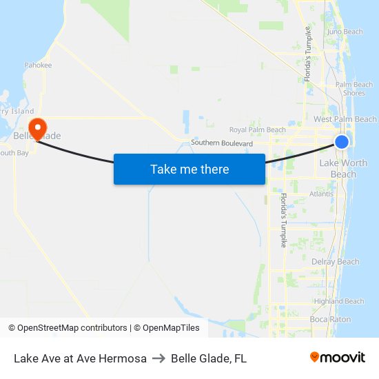 Lake Ave at Ave Hermosa to Belle Glade, FL map