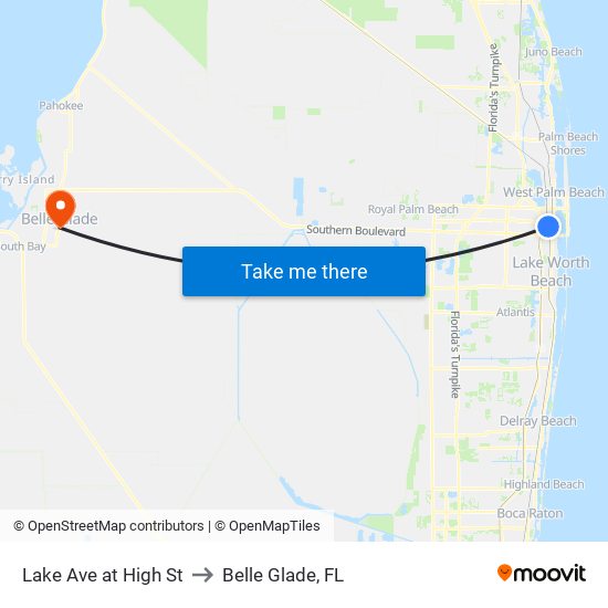 Lake Ave at High St to Belle Glade, FL map