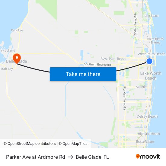 Parker Ave at Ardmore Rd to Belle Glade, FL map