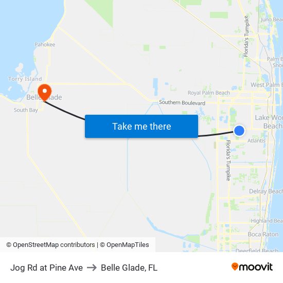 Jog Rd at Pine Ave to Belle Glade, FL map