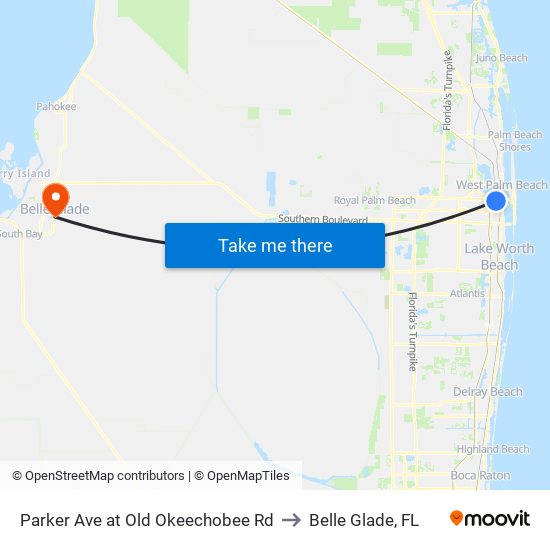 Parker Ave at Old Okeechobee Rd to Belle Glade, FL map
