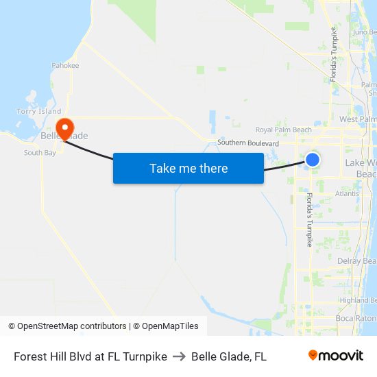Forest Hill Blvd at FL Turnpike to Belle Glade, FL map