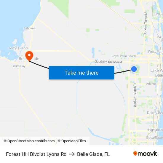 Forest Hill Blvd at Lyons Rd to Belle Glade, FL map