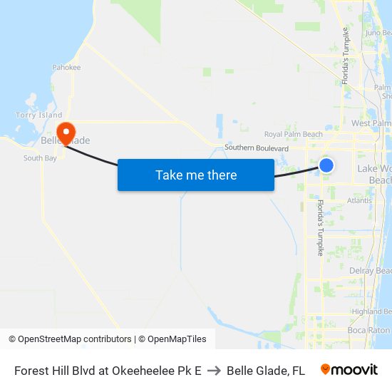 Forest Hill Blvd at Okeeheelee Pk E to Belle Glade, FL map