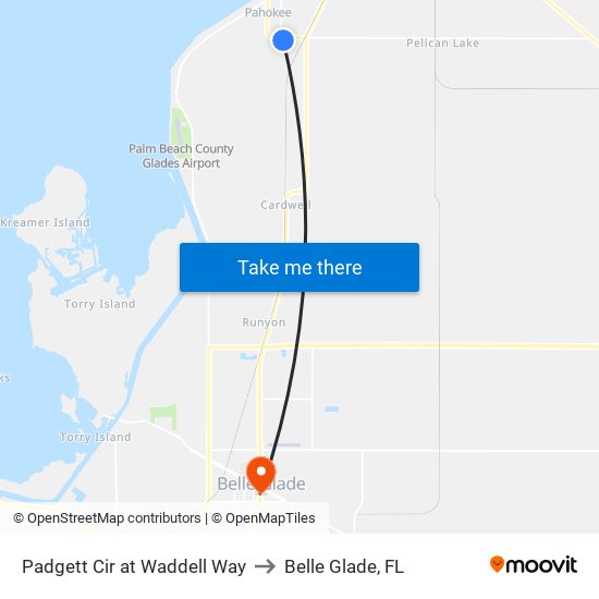 Padgett Cir at Waddell Way to Belle Glade, FL map