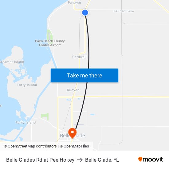 Belle Glades Rd at Pee Hokey to Belle Glade, FL map
