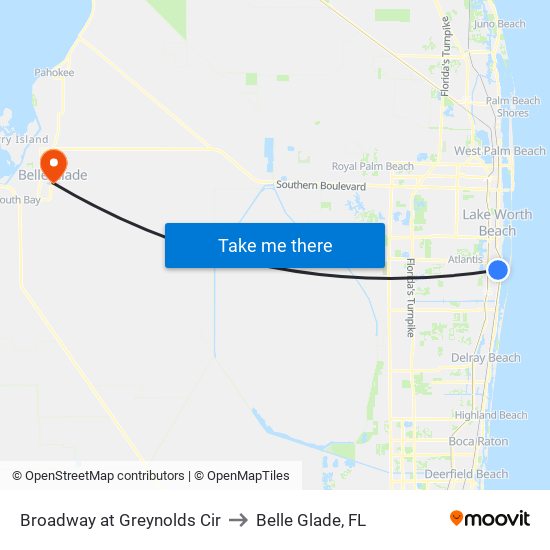 Broadway at Greynolds Cir to Belle Glade, FL map