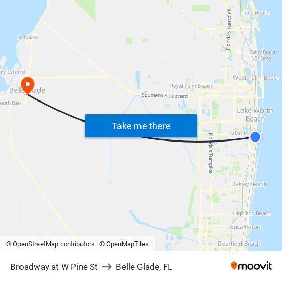 Broadway at W Pine St to Belle Glade, FL map