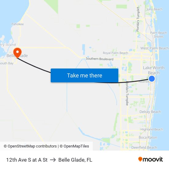 12th Ave S at A St to Belle Glade, FL map