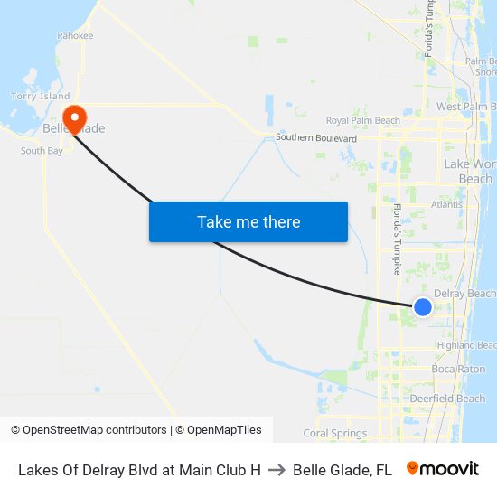 Lakes Of Delray Blvd at Main Club H to Belle Glade, FL map