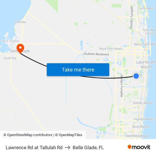 Lawrence Rd at Tallulah Rd to Belle Glade, FL map