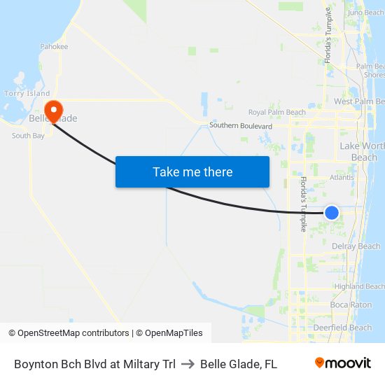 Boynton Bch Blvd at Miltary Trl to Belle Glade, FL map