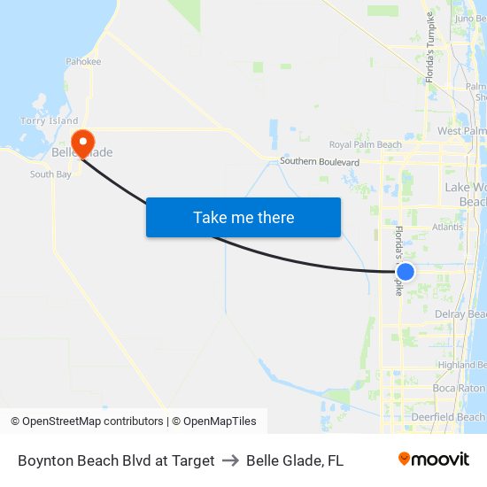 Boynton Beach Blvd at Target to Belle Glade, FL map