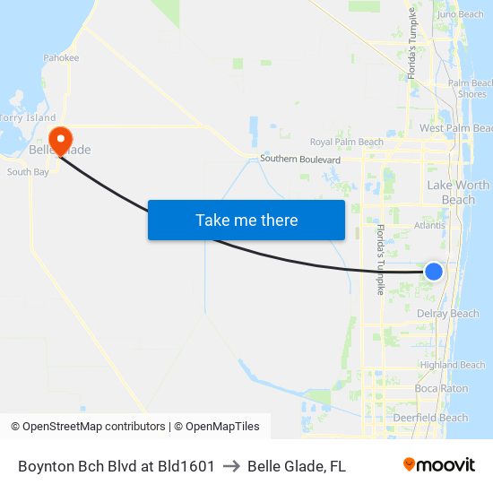 Boynton Bch Blvd at Bld1601 to Belle Glade, FL map
