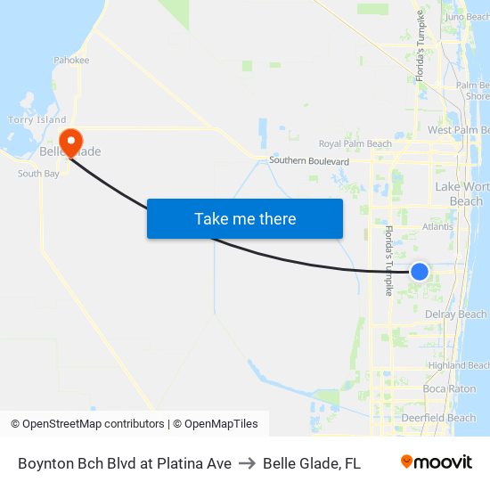 Boynton Bch Blvd at Platina Ave to Belle Glade, FL map