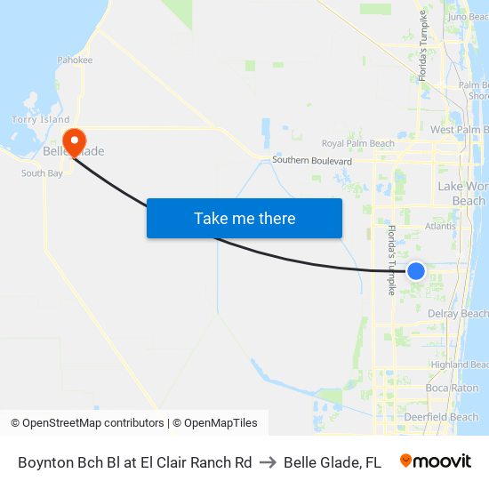 Boynton Bch Bl at El Clair Ranch Rd to Belle Glade, FL map