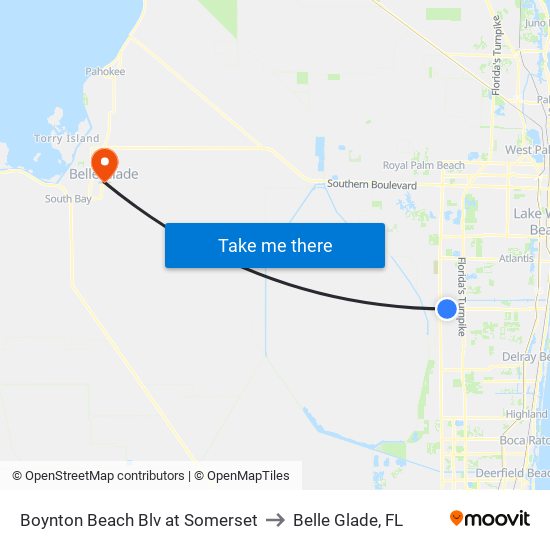 Boynton Beach Blv at Somerset to Belle Glade, FL map