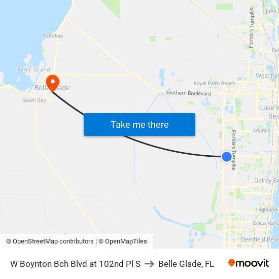 W BOYNTON BCH BLVD at 102ND PL S to Belle Glade, FL map