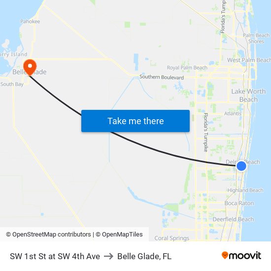 SW 1st St at SW 4th Ave to Belle Glade, FL map