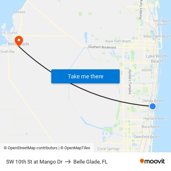 SW 10TH ST at MANGO DR to Belle Glade, FL map