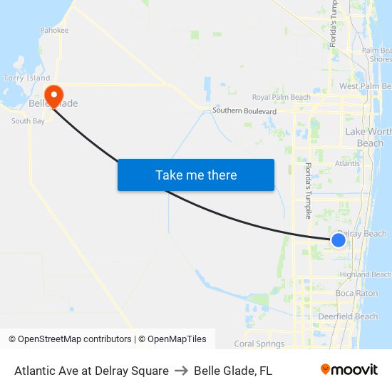 Atlantic Ave at Delray Square to Belle Glade, FL map
