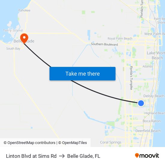 Linton Blvd at Sims Rd to Belle Glade, FL map