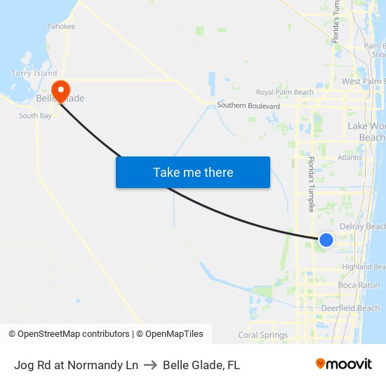 Jog Rd at Normandy Ln to Belle Glade, FL map