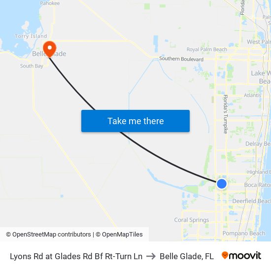 Lyons Rd at  Glades Rd Bf Rt-Turn Ln to Belle Glade, FL map