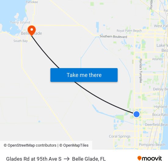 Glades Rd at 95th Ave S to Belle Glade, FL map