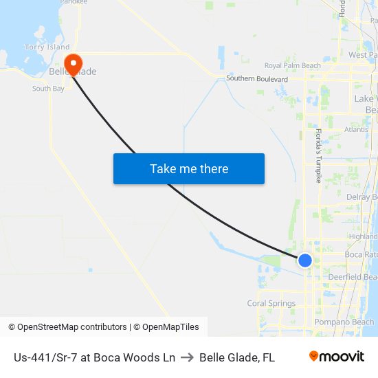 Us-441/Sr-7 at Boca Woods Ln to Belle Glade, FL map
