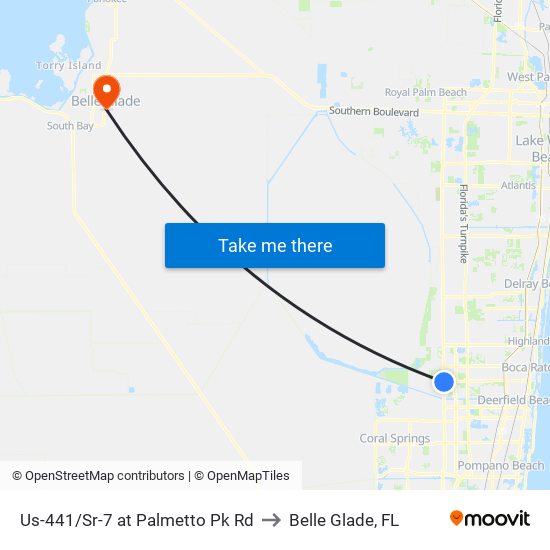 Us-441/Sr-7 at Palmetto Pk Rd to Belle Glade, FL map
