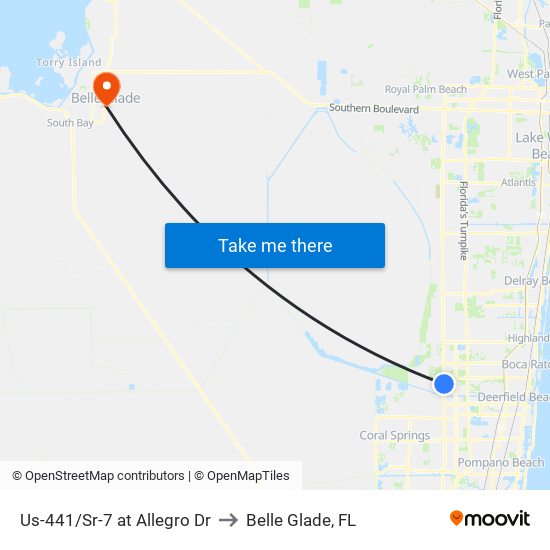 Us-441/Sr-7 at Allegro Dr to Belle Glade, FL map