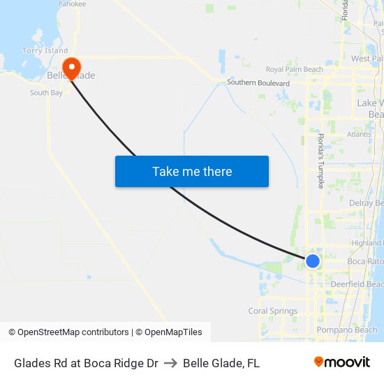 Glades Rd at Boca Ridge Dr to Belle Glade, FL map