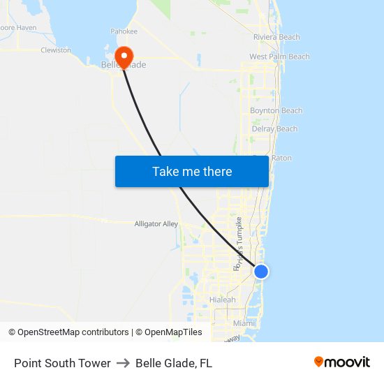 Point South Tower to Belle Glade, FL map