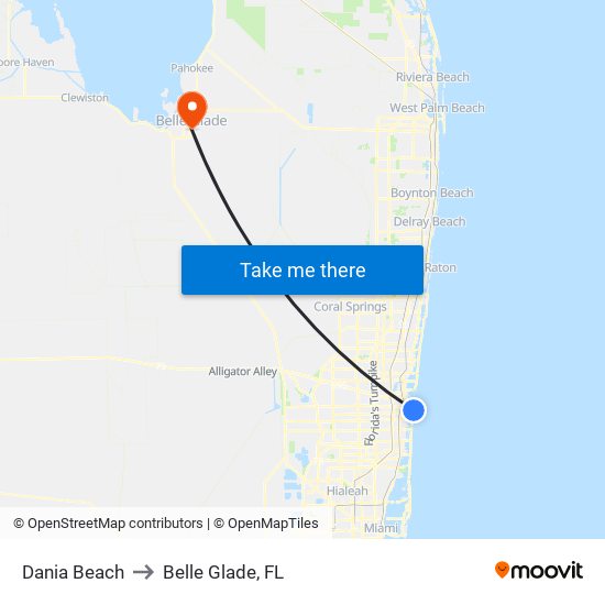 Dania Beach to Belle Glade, FL map