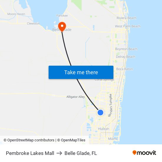Pembroke Lakes Mall to Belle Glade, FL map