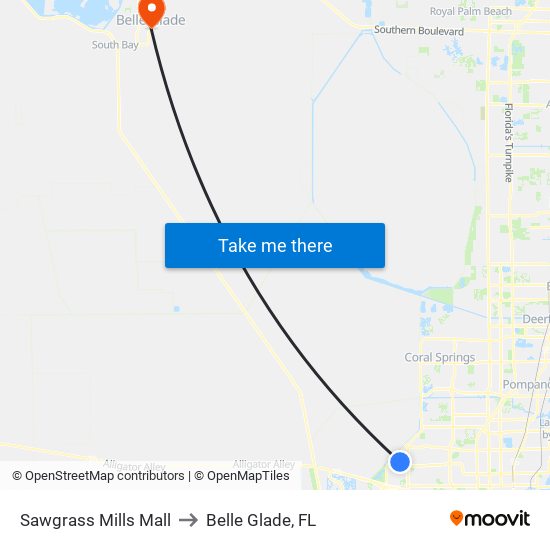 Sawgrass Mills Mall to Belle Glade, FL map