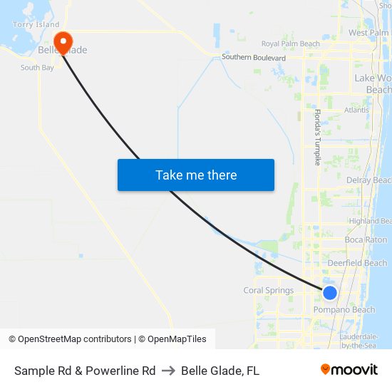 Sample Rd & Powerline Rd to Belle Glade, FL map