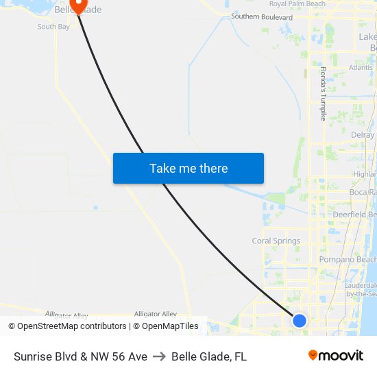 Sunrise Blvd & NW 56 Ave to Belle Glade, FL map