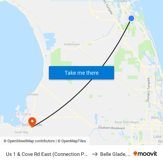 Us 1 & Cove Rd East (Connection Point) to Belle Glade, FL map