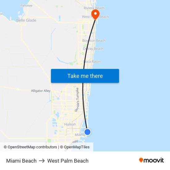 Miami Beach to West Palm Beach map