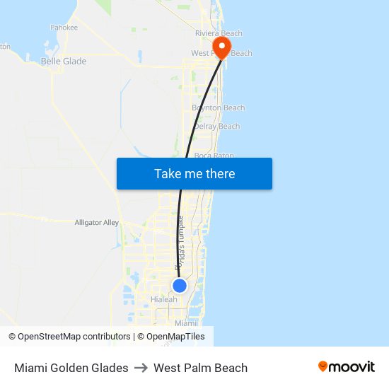 Miami Golden Glades to West Palm Beach map